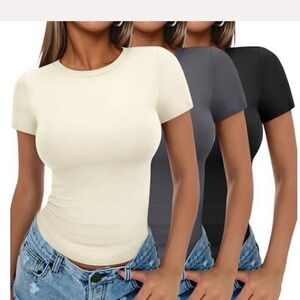 Women's Short Sleeve Crewneck Tee - Cream, Gray & Black basic t shirt